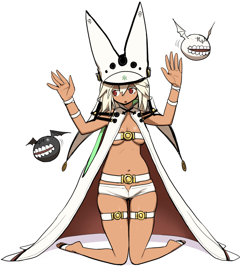 1girl, arc_system_works, barefoot, belt, belt_bra, breasts, cape, creature