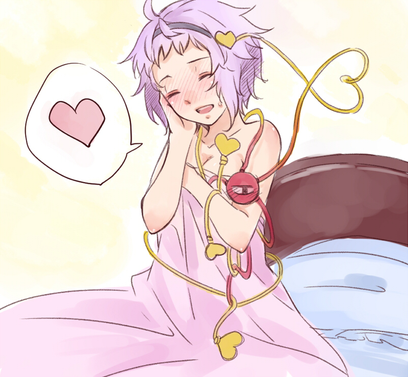 1girl, bed_sheet, blush, eyeball, female_focus, hairband, heart, komeiji_satori