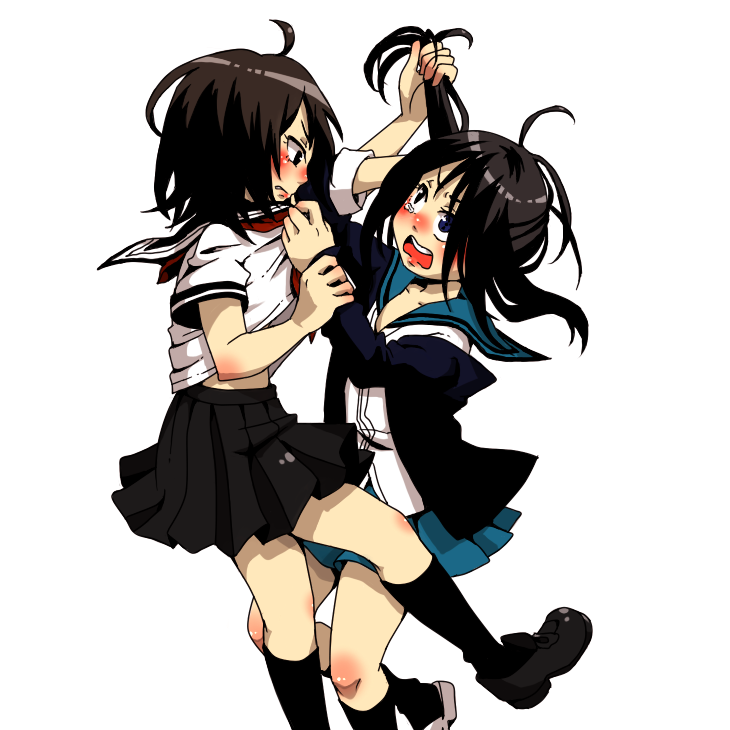 2girls, angry, black_eyes, black_hair, black_skirt, black_socks, blue_eyes, blue_skirt