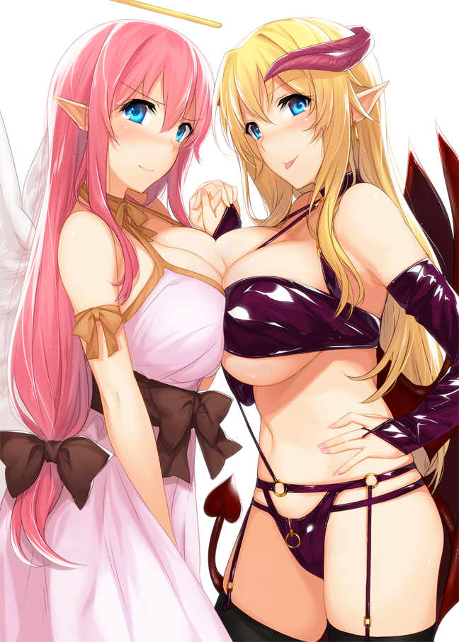 2girls, :p, angel, angel_and_devil, angel_wings, bandeau, billion_(billion0103), blonde_hair, blue_eyes, blush, bow, breast_press, breasts, choker, cleavage, demon_girl, demon_horns, demon_tail, demon_wings, detached_sleeves, dress, earrings, female_focus, garter_straps, hair_bow, halo, horns, huge_breasts, jewelry, long_hair, looking_at_viewer, low-tied_long_hair, multiple_girls, nail_polish, navel, o-ring, pink_hair, pointy_ears, revealing_clothes, simple_background, smile, strapless, symmetrical_docking, tail, thighhighs, tongue, tongue_out, tube_top, underboob, wings