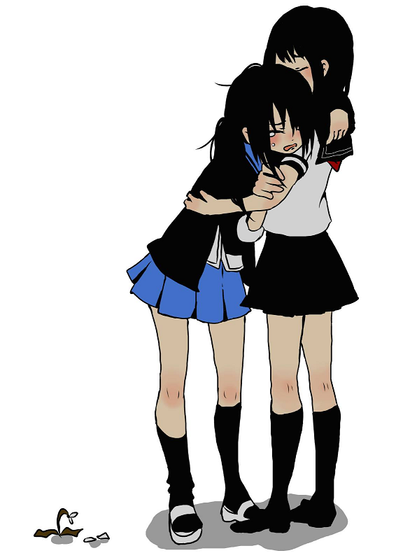 2girls, black_hair, black_skirt, black_socks, blue_skirt, closed_eyes, coppelion, flower