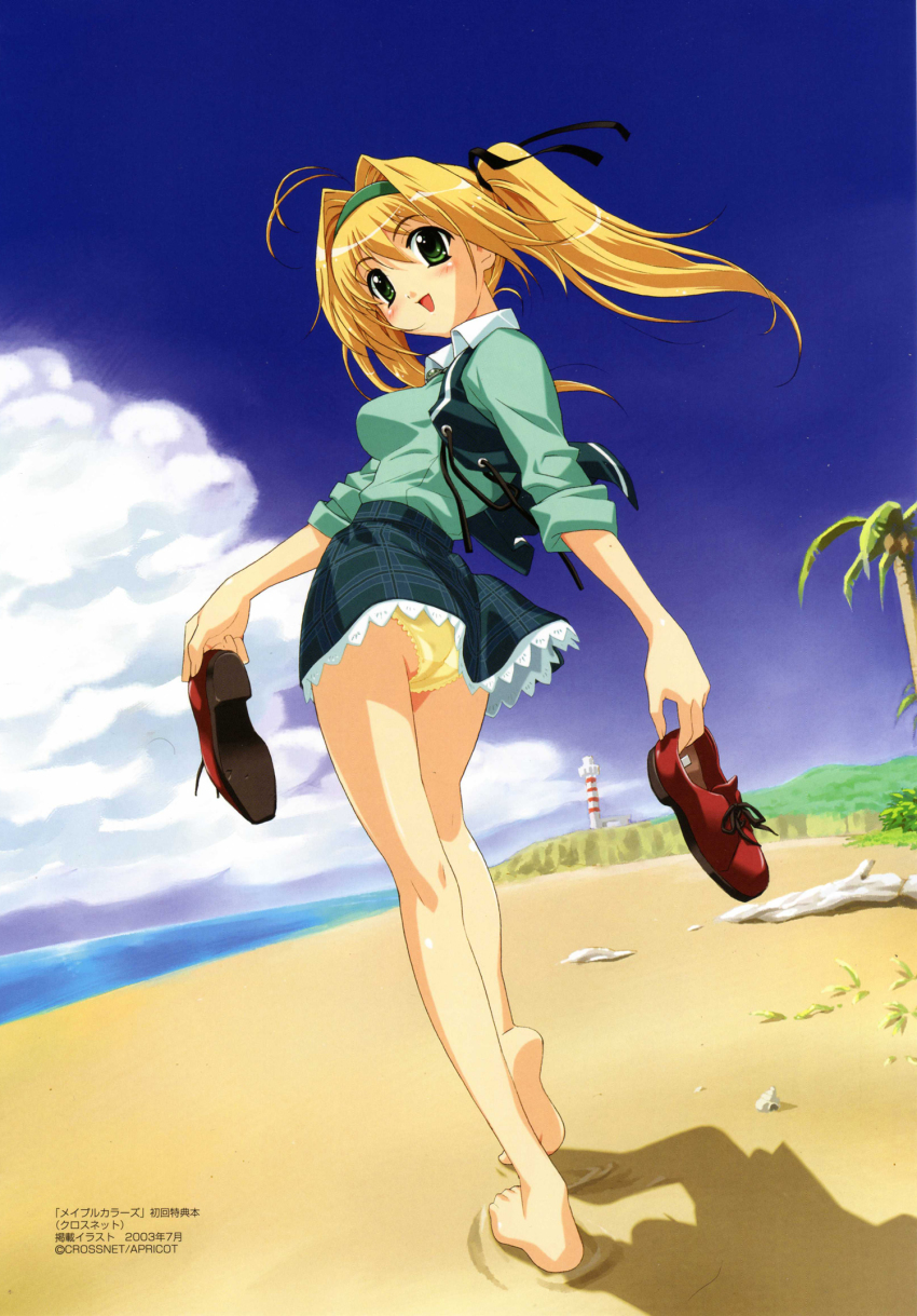 00s, 1girl, :d, antenna_hair, aoi_mirai, ass, barefoot, beach, blonde_hair, blush, brooch, bush, cliff, cloud, day, dual_wielding, dutch_angle, feet, female_focus, floating_hair, footprints, from_below, green_eyes, hair_intakes, hairband, happoubi_jin, highres, holding, holding_shoes, holding_unworn_clothes, jewelry, kneepits, lace, lace-trimmed_panties, lace-trimmed_skirt, lace_trim, legs, lighthouse, loafers, long_hair, looking_at_viewer, looking_back, maple_colors, miniskirt, ocean, open_mouth, outdoors, palm_tree, panties, pantyshot, plaid_clothes, plaid_skirt, scan, school_uniform, seashell, shadow, shell, shirt, shoes, skirt, sky, sleeves_rolled_up, smile, soles, solo, standing, tiptoes, tree, twintails, underwear, untied, unworn_shoes, upskirt, vest, water, yellow_panties
