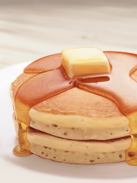 blurry, butter, depth_of_field, food, food_focus, kya4, no_humans, original, pancake, photorealistic, plate, realistic, still_life, syrup