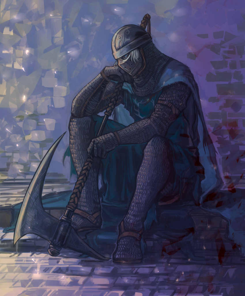 1boy, armor, axe, bad_id, bad_pixiv_id, belt, blue_eyes, cape, chainmail, creighton_of_mirrah, dark_souls_(series), dark_souls_i, dark_souls_ii, helmet, highres, male_focus, mask, nishiki_areku, sitting, surcoat, weapon