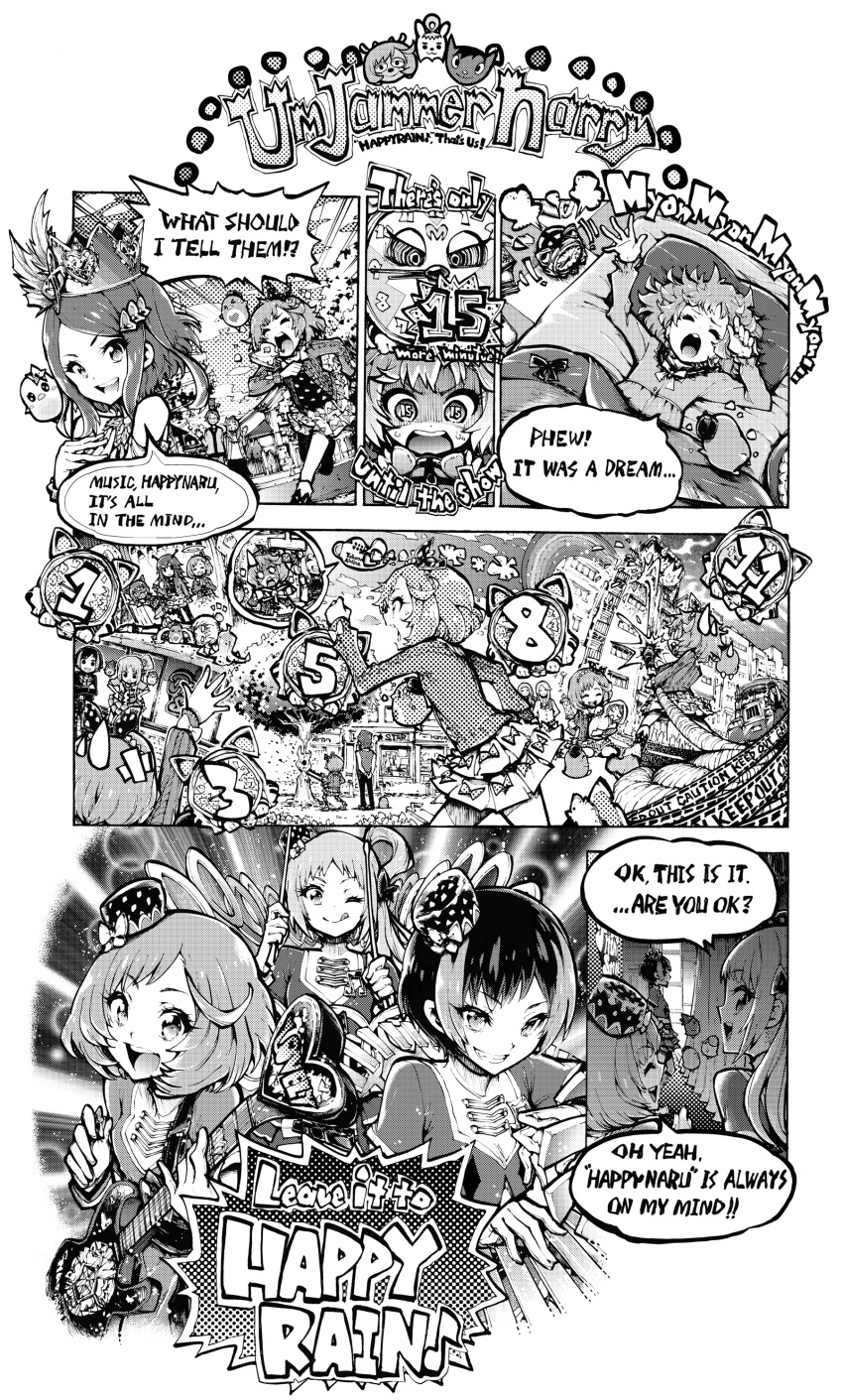 absurdres, amou_june, ayase_naru, ayase_poemu, ayase_ryuunosuke, bread, bread_slice, chainsaw, comic, electric_guitar, english_text, engrish_text, enouchi_ai, fire_truck, food, fukuhara_ann, greyscale, guitar, highres, himuro_hijiri, instrument, kitagawa_(pretty_rhythm), kurokawa_rei, long_hair, monochrome, morizono_wakana, motor_vehicle, multiple_boys, multiple_girls, parappa_the_rapper, parody, pretty_rhythm, pretty_rhythm_rainbow_live, pretty_series, ranguage, renjouji_beru, rinne_(pretty_rhythm), short_hair, suzuno_ito, takanashi_otoha, toast, tree, truck, um_jammer_lammy