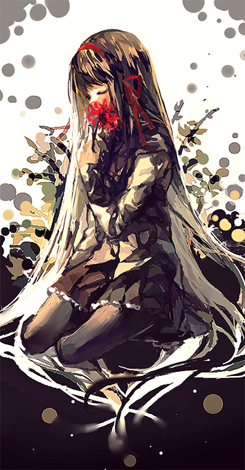 10s, 1girl, akemi_homura, akemi_homura_(magical_girl), black_hair, closed_eyes, female_focus, flower