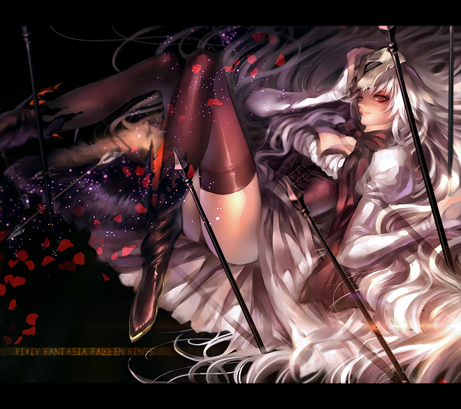 1girl, arrow_(projectile), bad_id, bad_pixiv_id, boots, corset, dress, knees_together_feet_apart