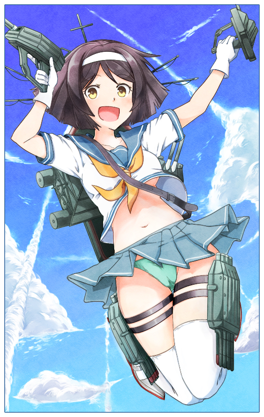 10s, 1girl, brown_hair, cloud, day, female_focus, green_panties, kantai_collection