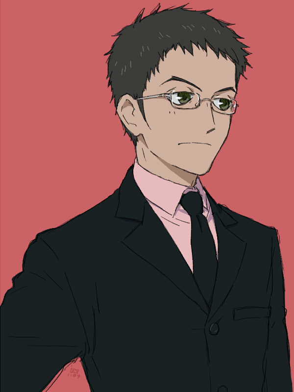 00s, 1boy, aged_up, brown_hair, dress_shirt, expressionless, formal_clothes, fujiwara_isami, glasses, green_eyes, ka_(vostok), looking_away, male_focus, necktie, noein, pink_background, rimless_eyewear, shirt, short_hair, simple_background, solo, upper_body