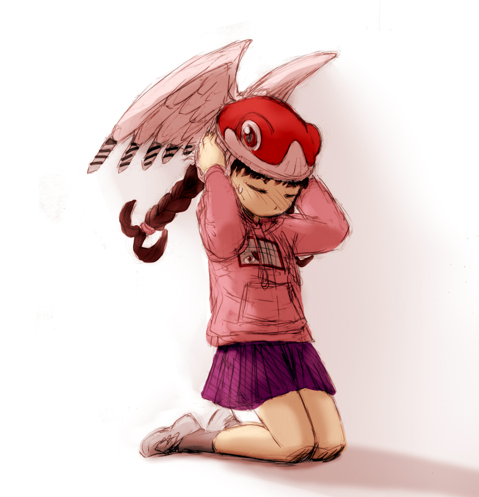 1girl, alien, alien_nine, borg_(alien_nine), braid, brown_hair, closed_eyes, creator_connection, crossover, drill, female_focus, madotsuki, pink_shirt, shirt, simple_background, skirt, solo, sweater, tomatomatotto, wings, yume_nikki