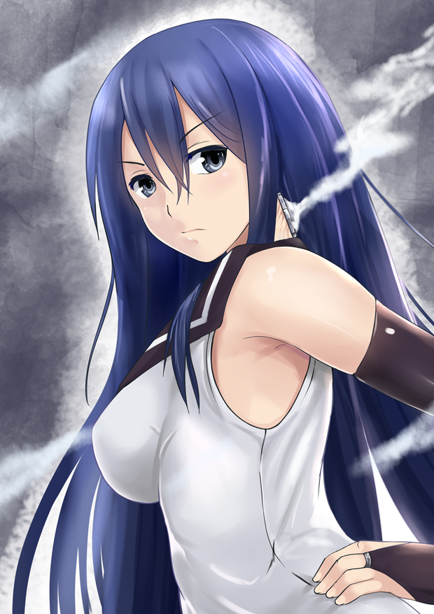 10s, 1girl, armpits, black_gloves, blue_eyes, blue_hair, breasts, elbow_gloves