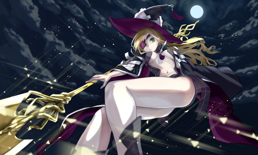 1girl, action, attack, blonde_hair, breasts, bute_(butegram), buts, cape, cloud, cloudy_sky, eyepatch, feet_out_of_frame, female_focus, from_below, full_moon, glowing, green_eyes, gungnir_(toaru), hat, holding, holding_polearm, holding_spear, holding_weapon, legs, long_hair, looking_at_viewer, looking_down, magic, medium_breasts, moon, navel, night, othinus, outdoors, polearm, sky, solo, spear, stomach, thighs, toaru_majutsu_no_index, toaru_majutsu_no_index:_new_testament, weapon, witch_hat