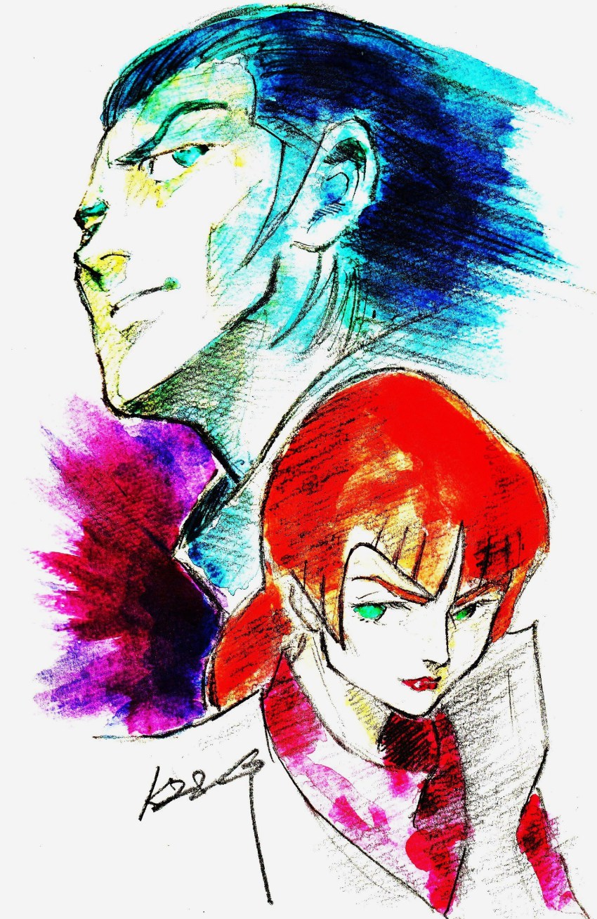 1boy, 1girl, absurdres, blue_hair, daram_zuba, densetsu_kyojin_ideon, harulu_ajiba, highres