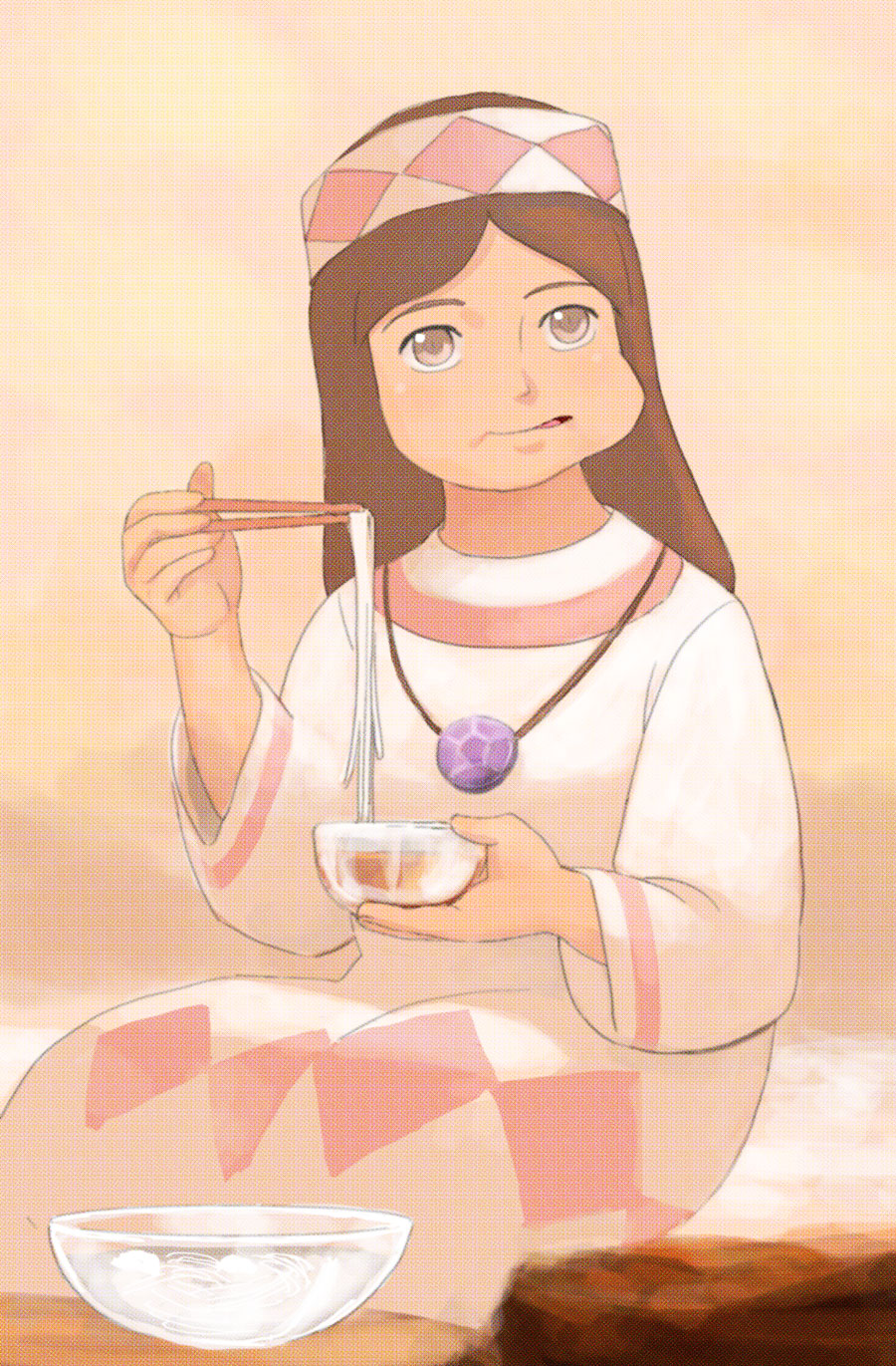 1girl, bad_id, bad_pixiv_id, brown_hair, chopsticks, eating, female_focus, food