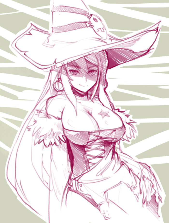 1girl, bare_shoulders, breast_tattoo, breasts, cleavage, corset, drawfag, earrings