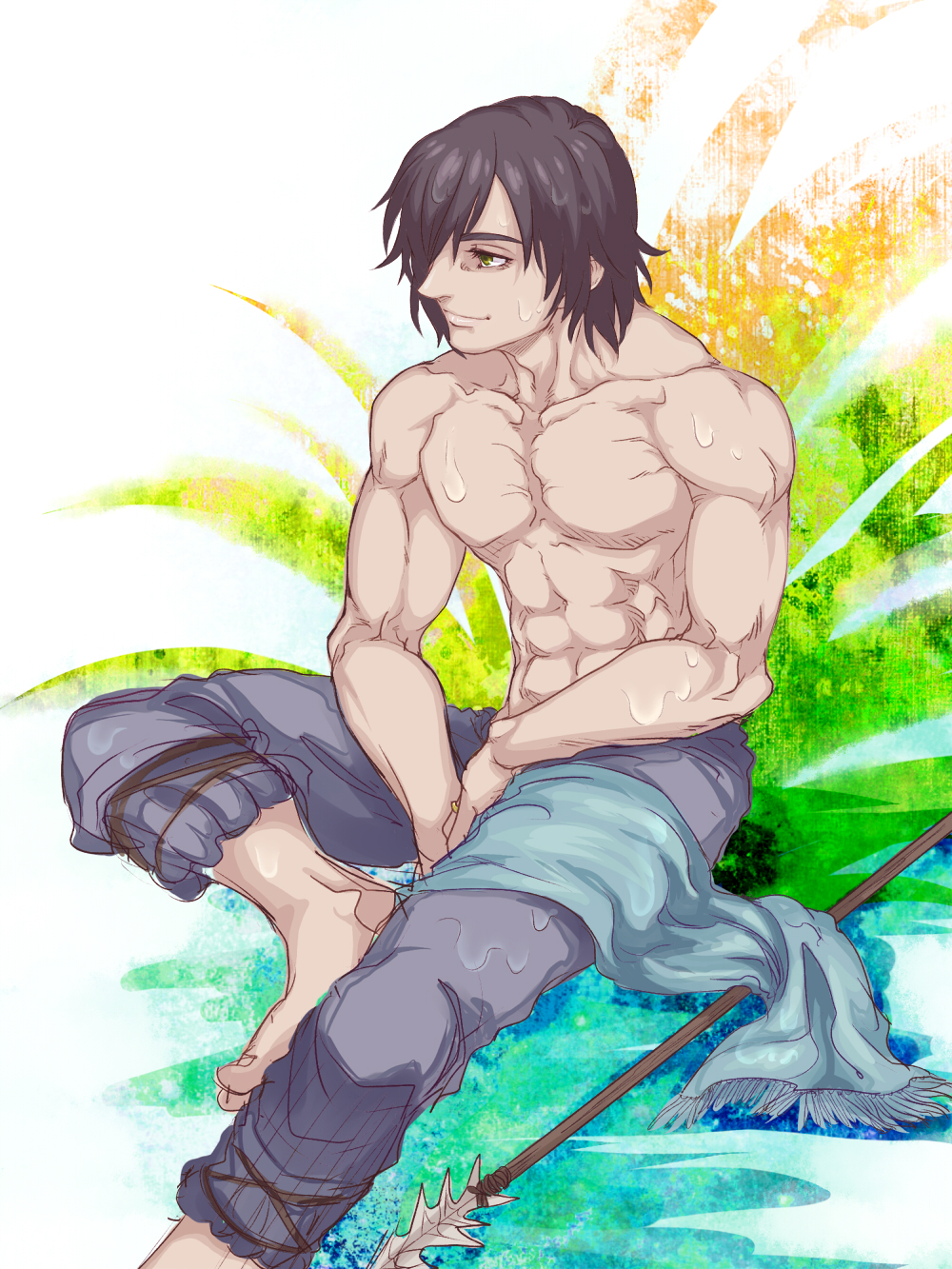 1boy, abs, aged_up, bad_id, bad_pixiv_id, dragon's_dogma, dragon's_dogma_(series), highres, inuhiko_(istdog), muscular, polearm, sitting, spear, topless_male, valmiro, weapon, wet