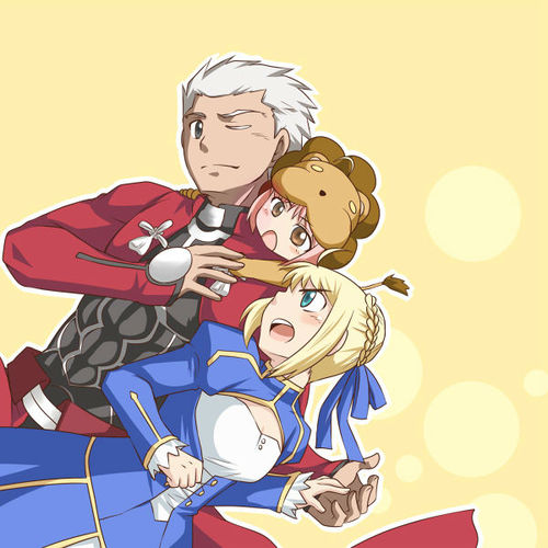 1boy, 2girls, ahoge, animal_costume, archer_(fate), artoria_pendragon_(fate), bad_id, bad_pixiv_id, blonde_hair, blue_eyes, fate/stay_night, fate_(series), father_and_child, father_and_daughter, grey_eyes, gupaon, if_they_mated, lion_costume, lowres, md5_mismatch, mother_and_child, mother_and_daughter, multiple_girls, orange_eyes, parent_and_child, red_hair, saber_(fate), tan, white_hair