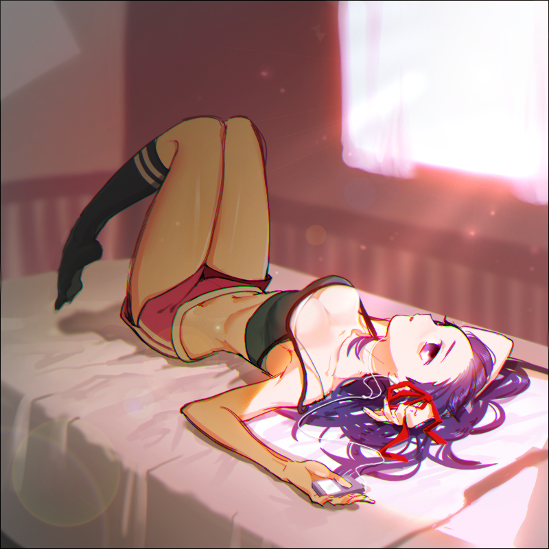 1girl, bad_id, bad_pixiv_id, bed, bedroom, breasts, cleavage, crop_top, curtains, mp3_player, fate/stay_night, fate_(series), hair_ribbon, headphones, indoors, ipod, kinkan_(rerorero_o), lens_flare, light_rays, long_hair, lying, matou_sakura, midriff, purple_eyes, purple_hair, ribbon, shiny_skin, shorts, socks, strap_gap, sunbeam, sunlight, tank_top, underwear, window