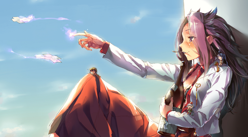 10s, 1girl, aida_takanobu, bottle, cloud, day, fairy_(kancolle), jun'you_(kancolle)