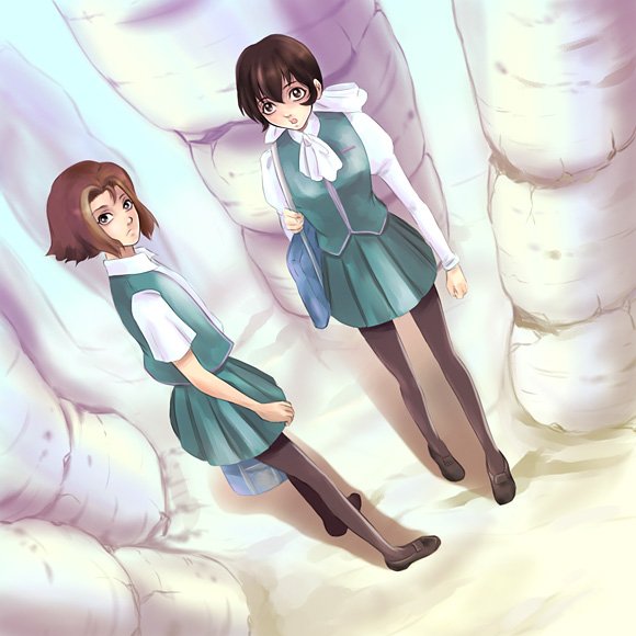 2girls, brown_hair, brown_legwear, expressionless, female_focus, from_above, from_side, full_body, loafers, looking_at_viewer, looking_up, miyabe_yuko, multiple_girls, natsuno_eri, nature, open_mouth, outdoors, pantyhose, pike_(piquet), pleated_skirt, school_uniform, shoes, short_hair, skirt, standing, strange_dawn, walking