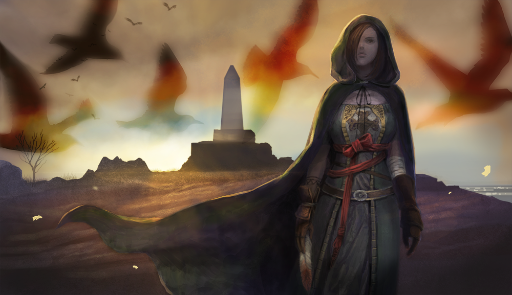 1girl, bandages, bird, brown_hair, cloak, dark_souls_(series), dark_souls_i, dark_souls_ii, emerald_herald, feathers, female_focus, looking_at_viewer, nukotama, obelisk, solo, tree