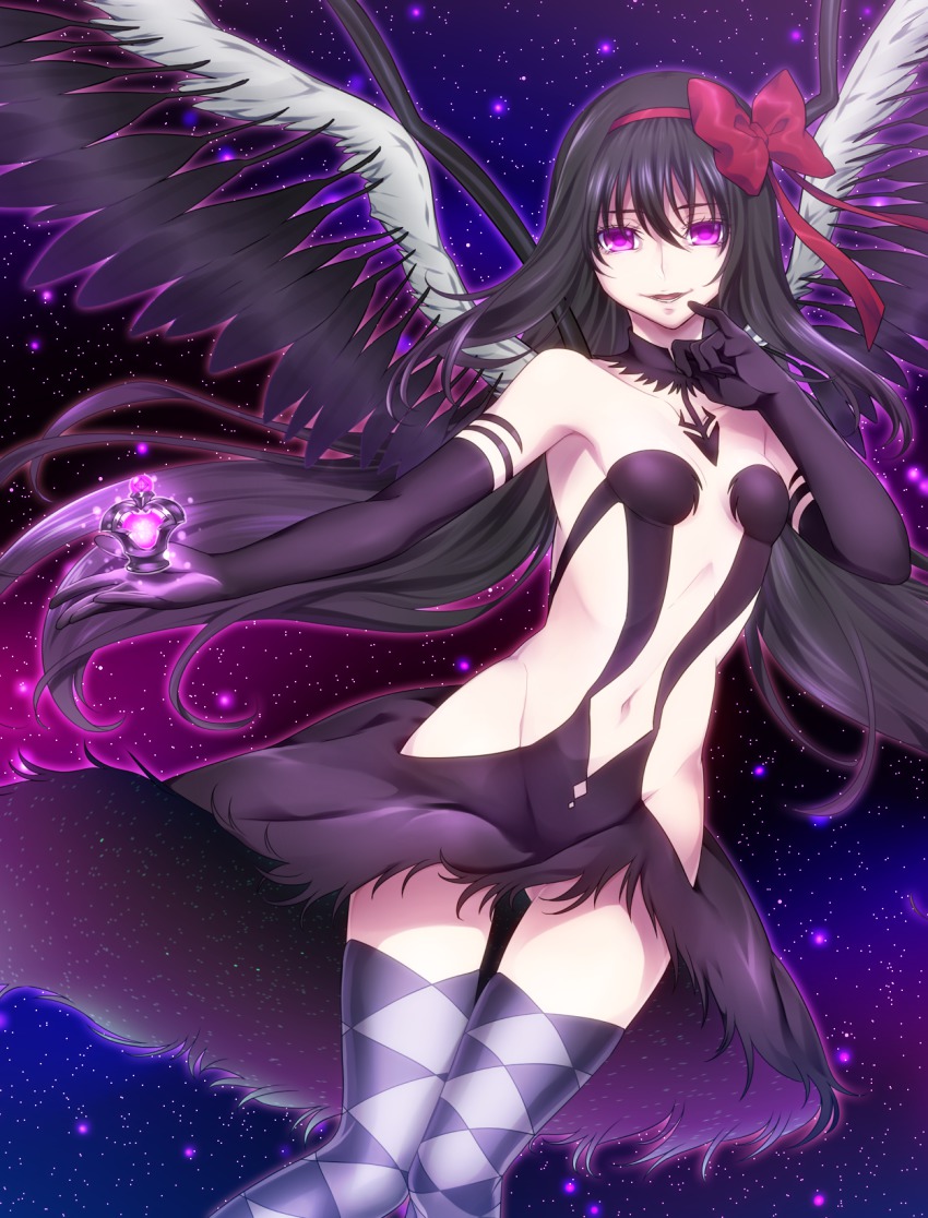 0417nao, 10s, 1girl, akemi_homura, akuma_homura, argyle_clothes, argyle_thighhighs, bare_shoulders, black_gloves, black_hair, black_wings, choker, dark_orb_(madoka_magica), dress, elbow_gloves, feathered_wings, female_focus, gloves, hair_between_eyes, hair_ribbon, highres, long_hair, looking_at_viewer, mahou_shoujo_madoka_magica, mahou_shoujo_madoka_magica:_hangyaku_no_monogatari, purple_eyes, ribbon, smile, solo, soul_gem, spoilers, thighhighs, very_long_hair, wings