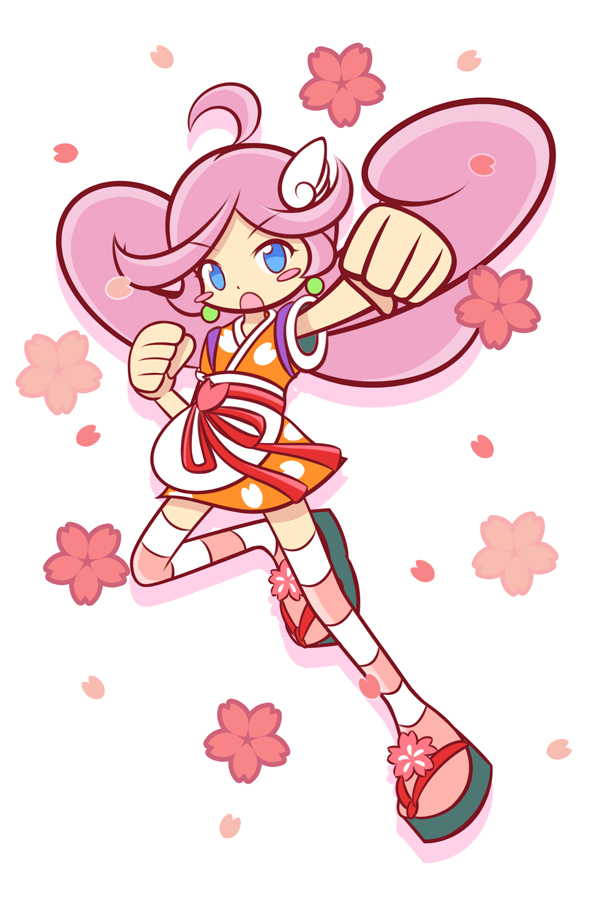 1girl, ahoge, alternate_costume, blue_eyes, cherry_blossoms, clenched_hand, clenched_hands, do10nn, earrings, female_focus, full_body, hair_ornament, hairpin, japanese_clothes, jewelry, kimono, long_hair, official_style, pink_hair, puyopuyo, puyopuyo_fever, puyopuyo_quest, raffina_(puyopuyo), sandals, short_kimono, short_yukata, solo, striped_clothes, striped_thighhighs, thighhighs, white_background, yukata