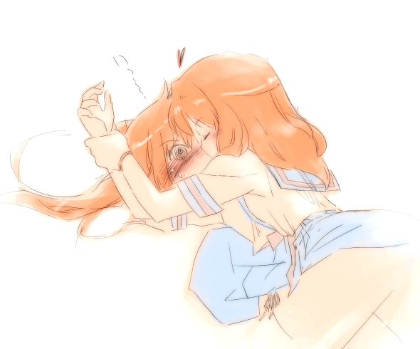 00s, 2girls, blush, gender_request, genderswap, kiss, koizumi_itsuki, koizumi_itsuki_(female)