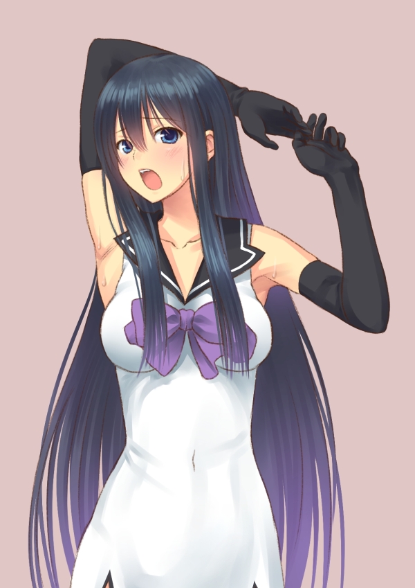 10s, 1girl, arm_behind_head, armpits, black_gloves, black_hair, blue_eyes, blush