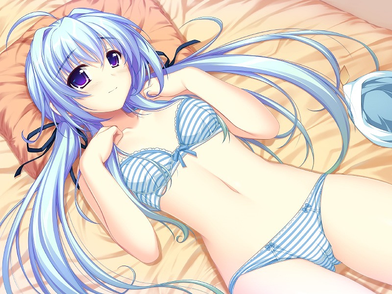 1girl, ahoge, alpha_(yukai_na_nakamatachi), bed_sheet, blue_bra, blue_hair, blue_panties, bow