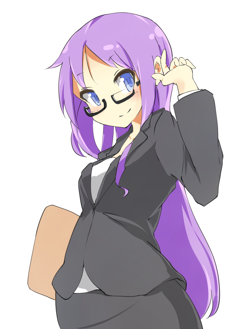 00s, 1girl, aged_up, alternate_hairstyle, bespectacled, blue_eyes, clipboard, female_focus, formal_clothes, glasses, hair_down, hand_up, hiiragi_kagami, holding, long_hair, lucky_star, no_nose, pencil_skirt, purple_hair, shirt, skirt, skirt_suit, solo, suit, suno-pi, white_shirt