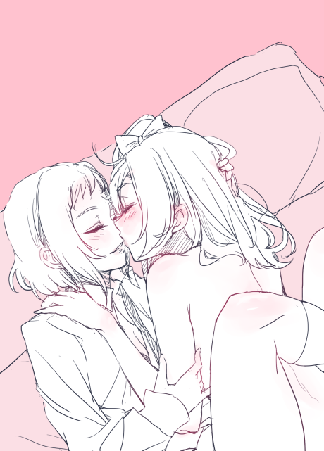 10s, 2girls, blush, bow, closed_eyes, clothed_female_nude_female, gecko4488, hair_bow