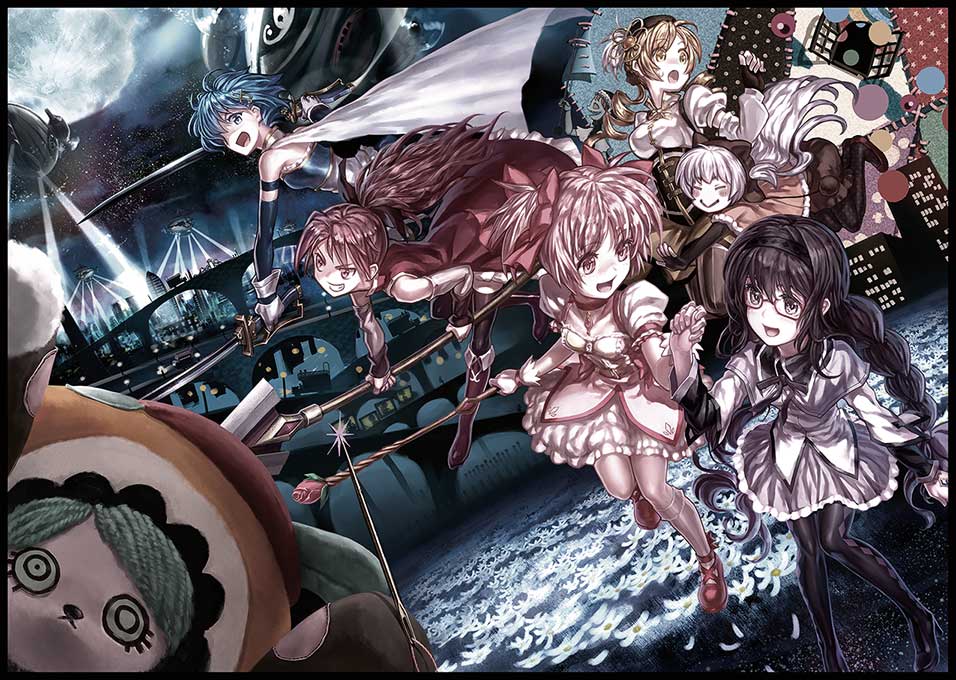 10s, 6+girls, aircraft, akemi_homura, akemi_homura_(magical_girl), argyle_clothes, argyle_legwear, arm_warmers, beret, black_hair, blonde_hair, blue_hair, bow, braid, cape, city, city_lights, dirigible, drill_hair, dual_wielding, field, fingerless_gloves, flower, flower_field, fortissimo, glasses, glomp, gloves, hair_bow, hair_ornament, hat, holding, holding_hands, hug, hug_from_behind, kaname_madoka, kaname_madoka_(magical_girl), lain, long_hair, magical_girl, mahou_shoujo_madoka_magica, mahou_shoujo_madoka_magica:_hangyaku_no_monogatari, miki_sayaka, miki_sayaka_(magical_girl), momoe_nagisa, momoe_nagisa_(magical_girl), moon, multiple_girls, musical_note, musical_note_hair_ornament, nightmare_(madoka_magica), pantyhose, pink_hair, polearm, red_hair, sakura_kyoko, sakura_kyoko_(magical_girl), searchlight, short_hair, short_twintails, smile, spear, sword, tomoe_mami, tomoe_mami_(magical_girl), twin_braids, twin_drills, twintails, weapon, white_hair, yaginoko_no_yume