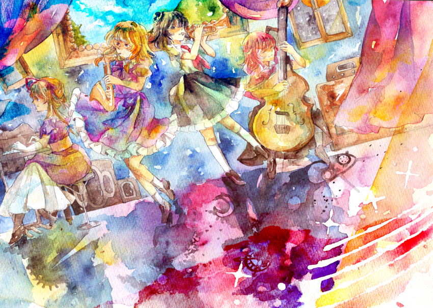 2girls, 4girls, bad_id, bad_pixiv_id, blonde_hair, bow, braid, brown_eyes