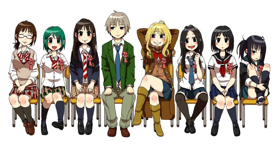 1boy, 6+girls, arms_behind_head, black_eyes, black_footwear, black_hair, black_socks, blazer