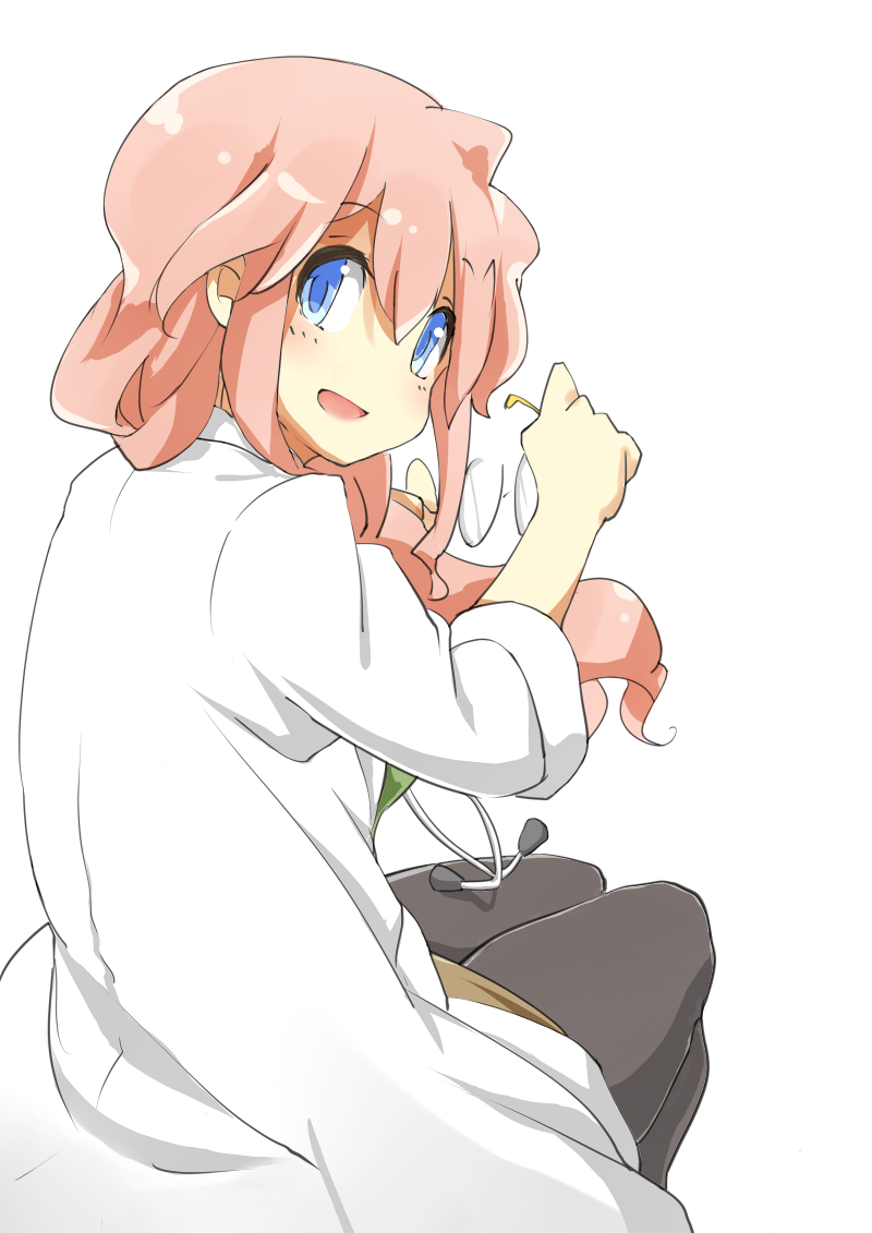 00s, 1girl, blue_eyes, female_focus, glasses, holding, holding_removed_eyewear, lab_coat