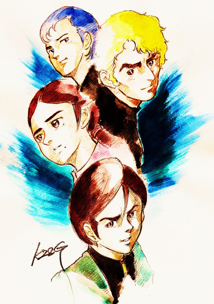 1girl, 3boys, absurdres, blonde_hair, blue_hair, brown_hair, densetsu_kyojin_ideon, hatari_naburu