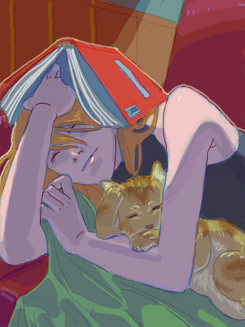 1girl, ace_attorney, adrian_andrews, axl99, blonde_hair, book, cat, female_focus, hug, jessie_lam, lipstick, makeup, sleeping, sleeveless, sleeveless_turtleneck, smile, solo, tegaki, turtleneck