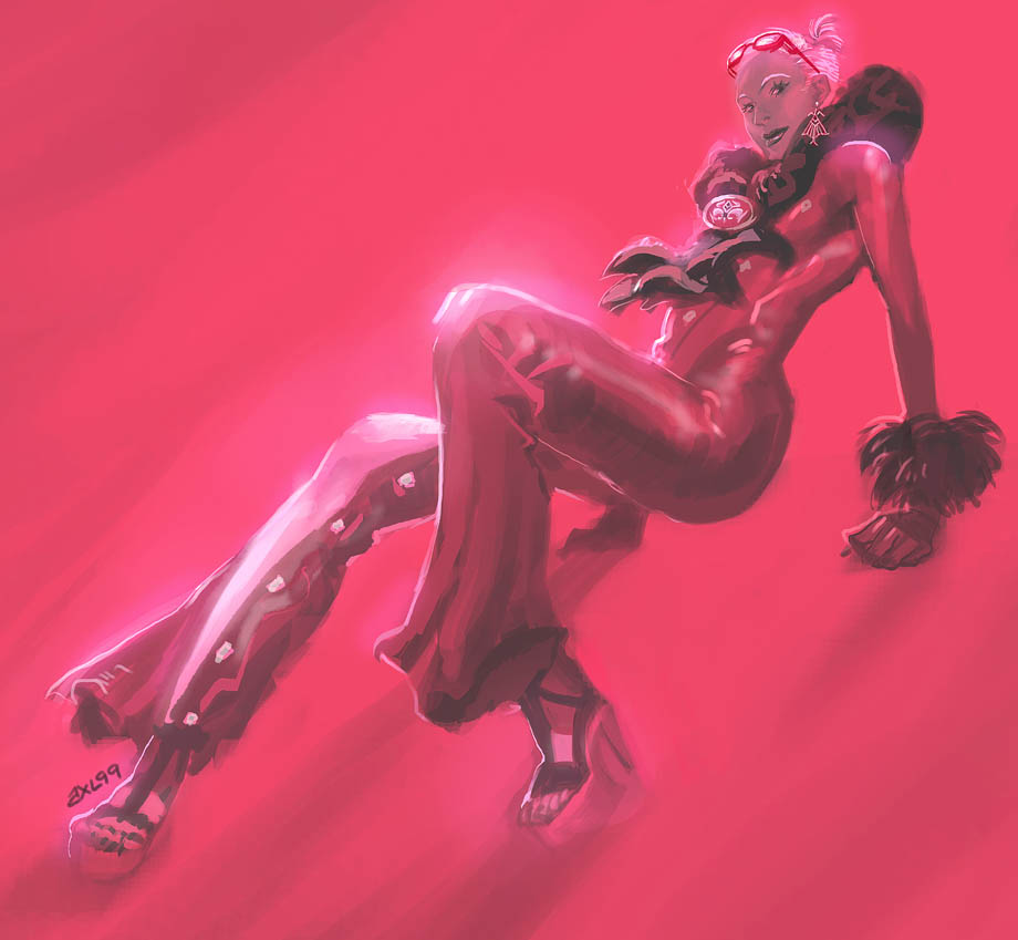 1girl, axl99, bayonetta_(series), earrings, female_focus, full_body, fur_trim, glasses