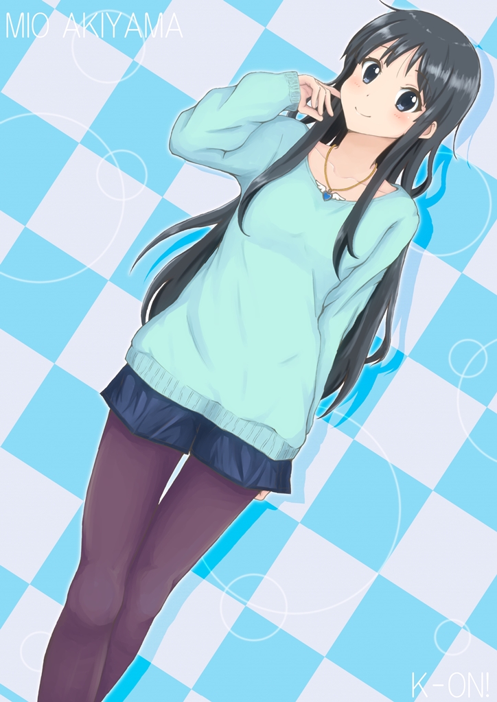 1girl, akiyama_mio, bad_id, bad_pixiv_id, black_eyes, black_hair, blue_shirt, character_name, checkered_background, copyright_name, dutch_angle, female_focus, heart, heart_necklace, jewelry, k-on!, long_hair, macken666, necklace, pantyhose, shirt, shorts, smile, solo, sweater