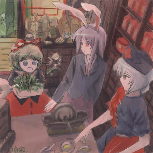 4girls, animal_ears, arm_behind_back, black_shirt, blouse, collared_shirt, female_focus, indoors
