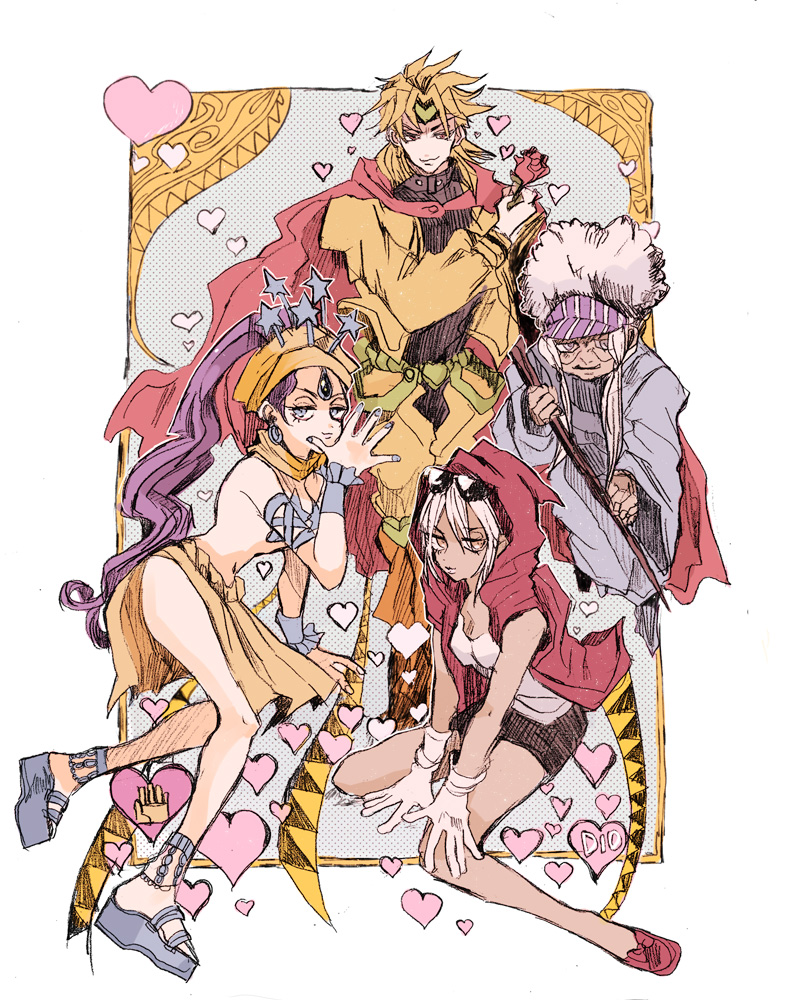 1boy, 3girls, bikini, blonde_hair, blue_eyes, dark_skin, dio_brando, enya_geil, flower, heart, jojo_no_kimyou_na_bouken, mariah_(jojo), midler, multiple_girls, orange_eyes, purple_eyes, purple_hair, red_eyes, rose, sahau228, swimsuit, white_hair