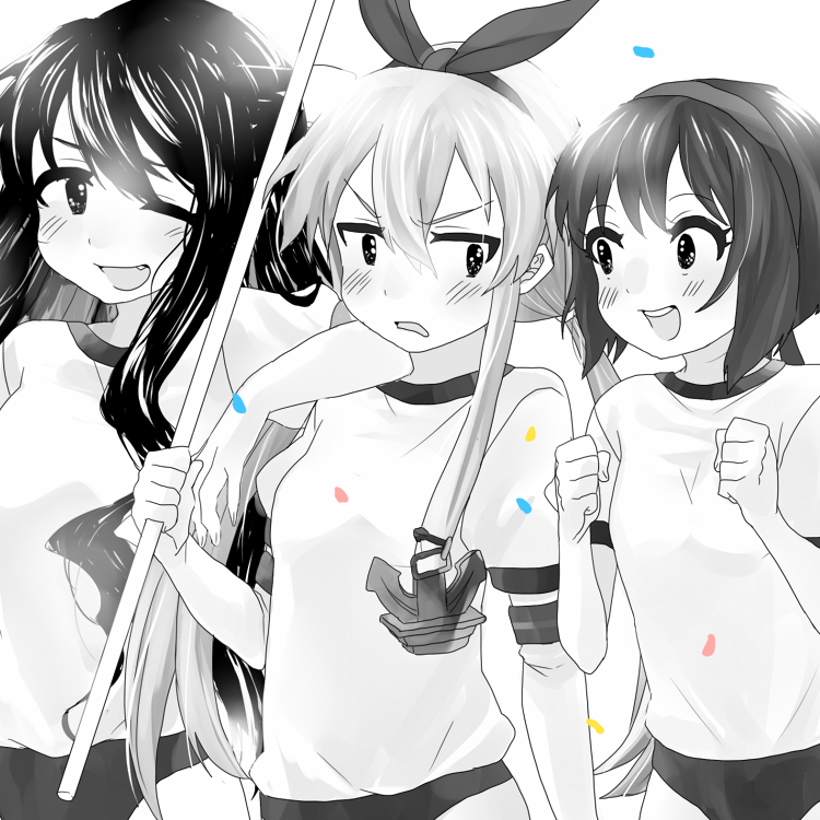 10s, 3girls, bad_id, bad_pixiv_id, buruma, greyscale, kantai_collection, monochrome