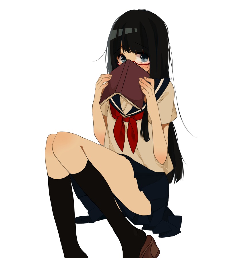 1girl, bad_id, bad_pixiv_id, black_hair, blue_eyes, blush, book, covering_face