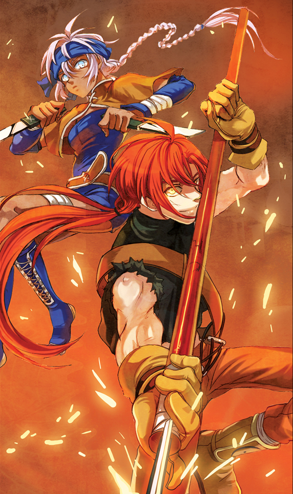 1boy, 1girl, blue_eyes, braid, children_of_the_rune, dual_wielding, gloves, headband