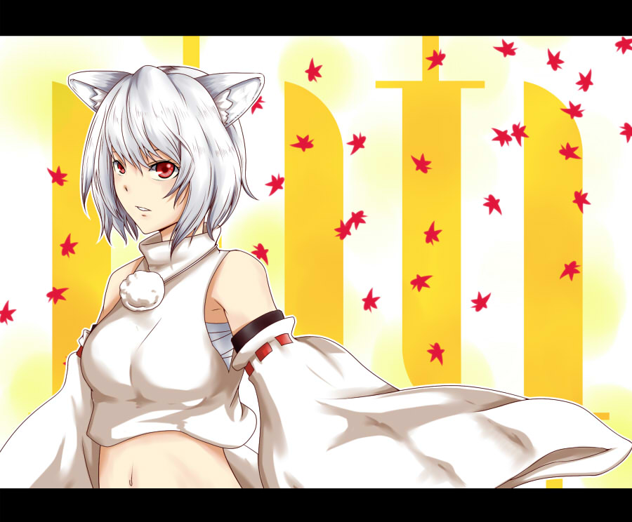 1girl, animal_ears, autumn_leaves, bare_shoulders, breasts, detached_sleeves, female_focus, inubashiri_momiji
