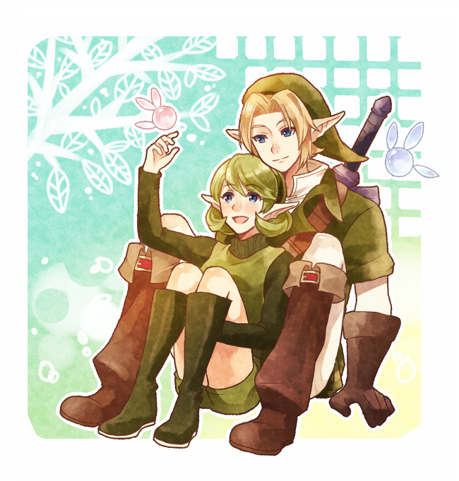 1boy, 2girls, blonde_hair, blue_eyes, boots, fairy, gloves, green_boots, green_hair, green_hat, hairband, hat, link, multiple_girls, navi, nintendo, pointy_ears, saria_(zelda), sheath, sheathed, sitting, smile, the_legend_of_zelda, the_legend_of_zelda:_ocarina_of_time, tori_(11toritori)