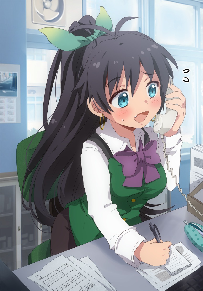 1girl, antenna_hair, bad_id, bad_pixiv_id, black_hair, blue_eyes, chair, corded_phone