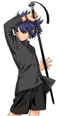 1girl, androgynous, atlus, black_shirt, blouse, blue_hair, cane, cowboy_shot