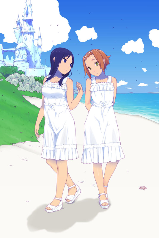 2girls, akiyama_mio, arms_behind_back, bare_shoulders, beach, black_eyes, black_hair, brown_eyes, brown_hair, castle, cloud, day, dress, grass, hairband, head_tilt, hebichan, horizon, k-on!, long_hair, multiple_girls, ocean, outdoors, sandals, short_dress, short_hair, sidelocks, sky, sleeveless, sleeveless_dress, sundress, tainaka_ritsu, white_dress